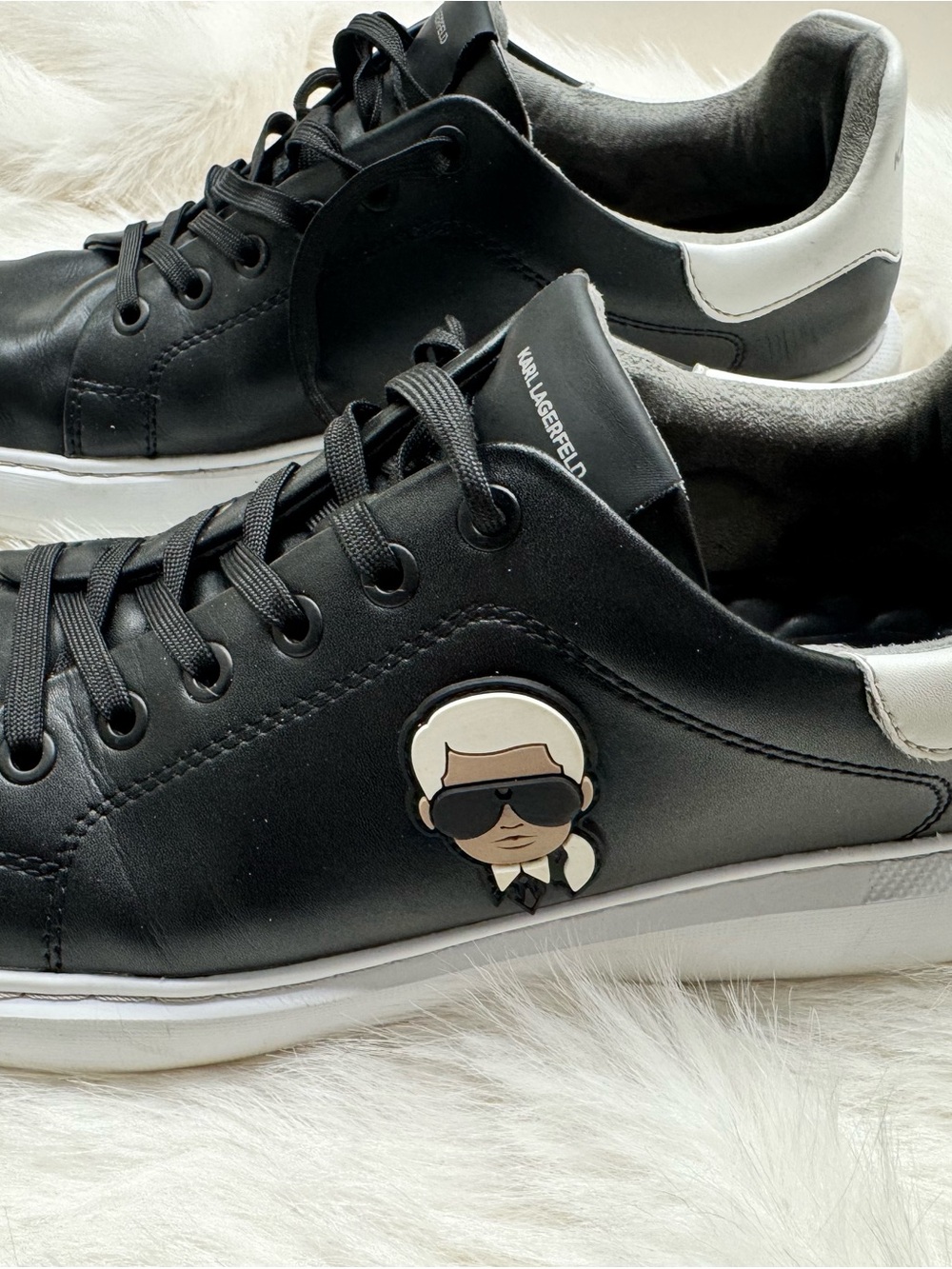 Karl Lagerfeld Black and White Low-Top Leather Sneakers with Character Patch